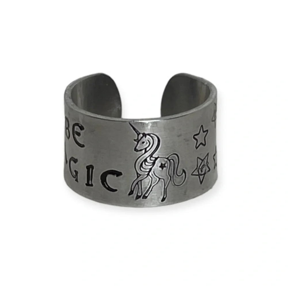 Handmade 8/9 stamped Be Magic unicorn & stars silver adjustable wide cuff ring‎